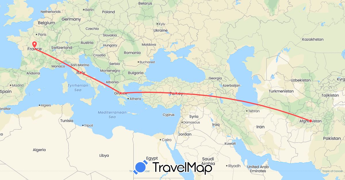 TravelMap itinerary: driving, hiking in Afghanistan, France, Greece, Italy, Turkey (Asia, Europe)
